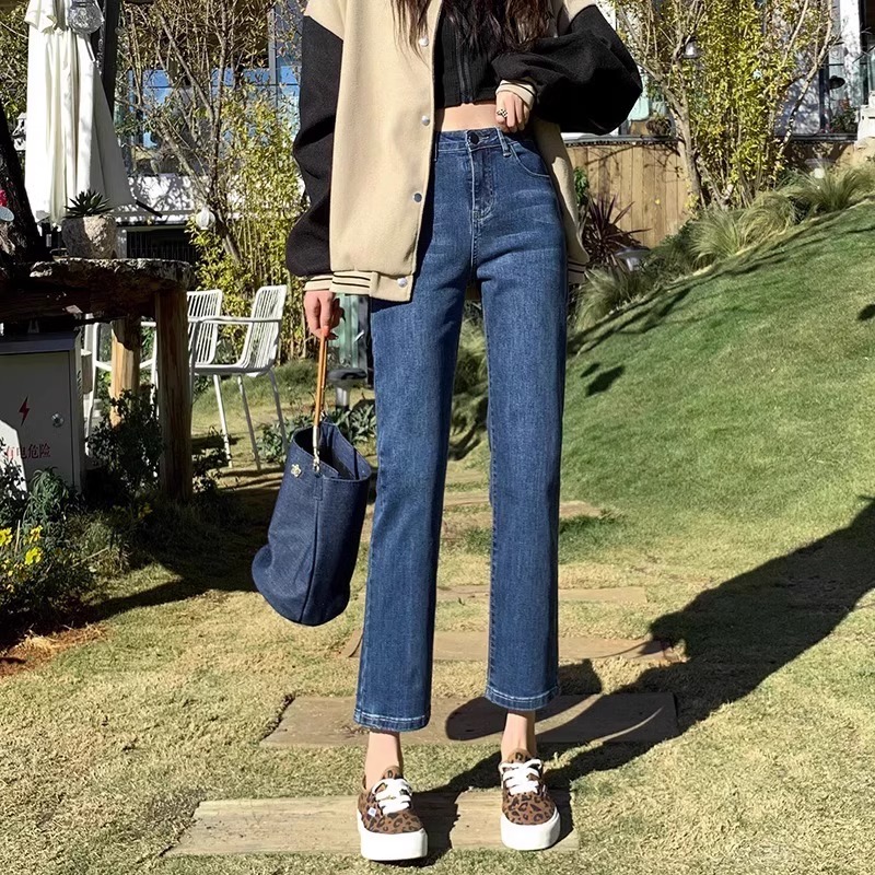 高腰修身弹力直筒九分烟管裤