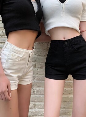 白色高腰牛仔裤女夏季新款百搭弹力包臀辣妹热裤直筒紧身显瘦短裤