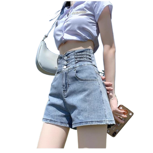 夏装超高腰三扣牛仔短裤女2026年新款夏薄款显瘦美式网红辣妹裤子