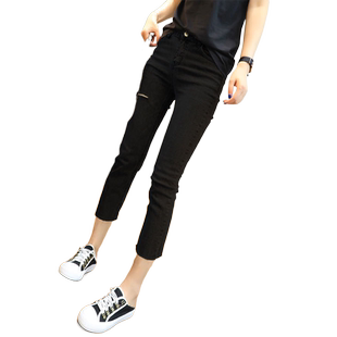 黑色烟管牛仔裤女小个子2025春夏季高腰显瘦弹力直筒九分烟管裤子