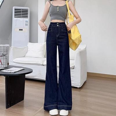 丹宁蓝设计感高腰微喇修身弹力裤