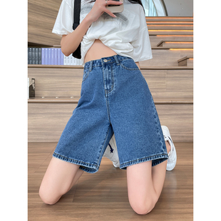 高街港风高腰显瘦直筒宽松阔腿裤 薄款 女2023夏季 复古牛仔五分短裤