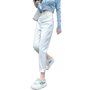 白色哈伦牛仔裤女2025年春秋新款高腰修身显瘦百搭直筒九分老爹裤
