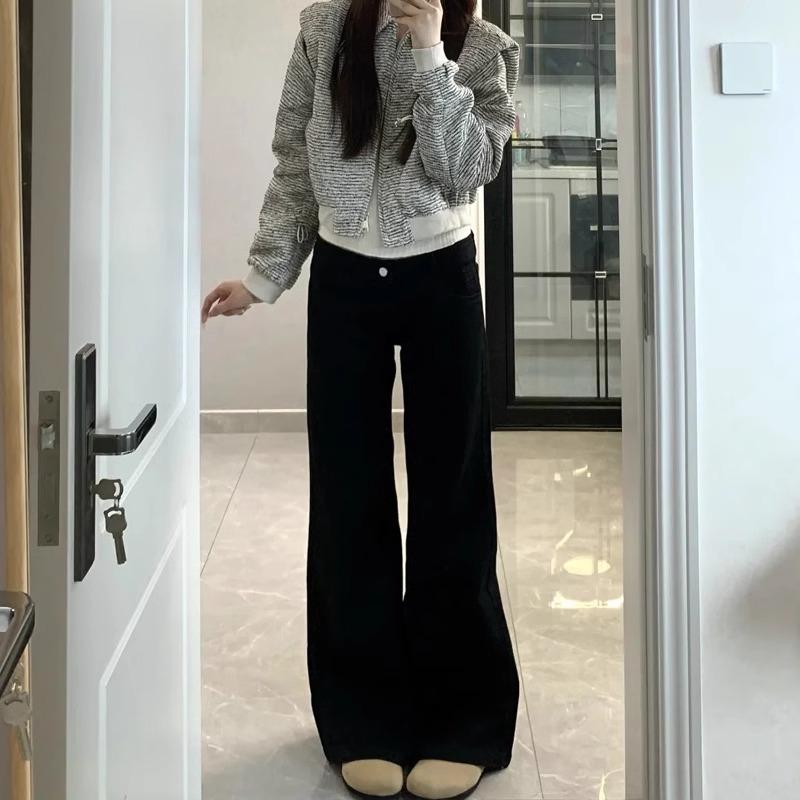 黑色微喇弹力宽松显瘦拖地阔腿裤