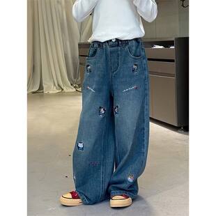 小猪班纳女童牛仔裤春秋季洋气宽松童装阔腿裤中大童休闲直筒裤子