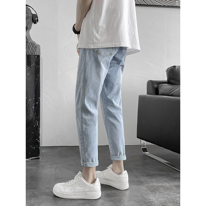 秋季浅色九分牛仔裤宽松男士潮牌韩版潮修身弹力款休闲小脚长裤子