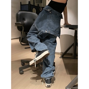 阿荒与阿卤夏季假两件牛仔裤男美式高街直筒小众设计感背带裤子潮