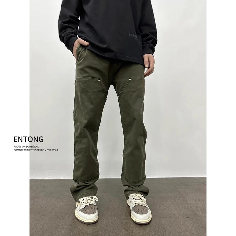 Entong美式cleanfit伐木褲子男款潮牌高街vibe工裝鉚釘直筒牛仔褲