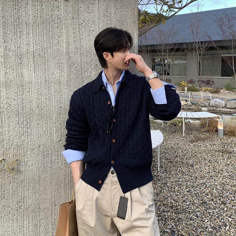 碧舍新款男士毛衣休闲宽松复古外套韩版潮流高级感麻花纹针织开衫