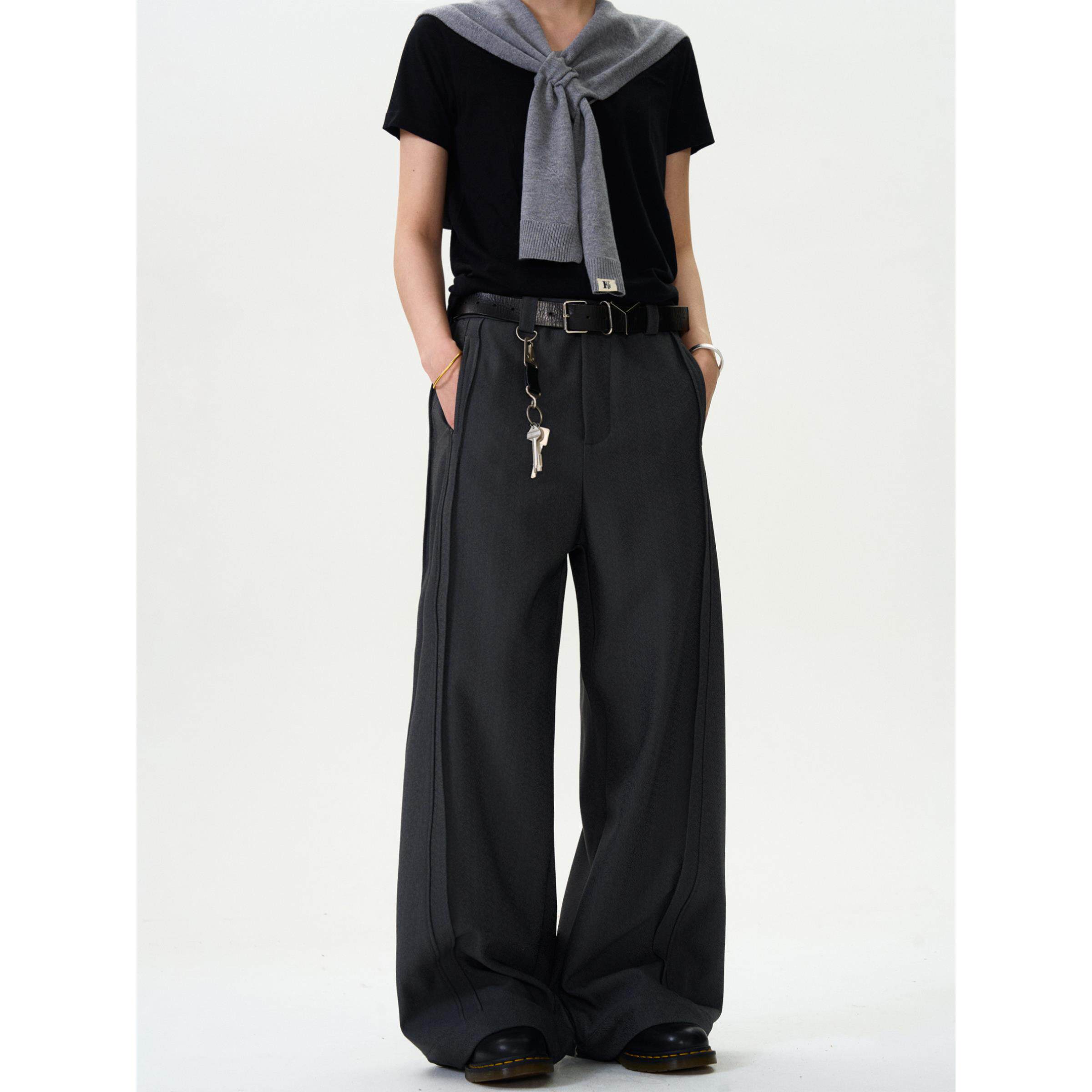 MADWITCH复古高级垂感双褶休闲西裤男女宽松直筒cleanfit阔腿裤子