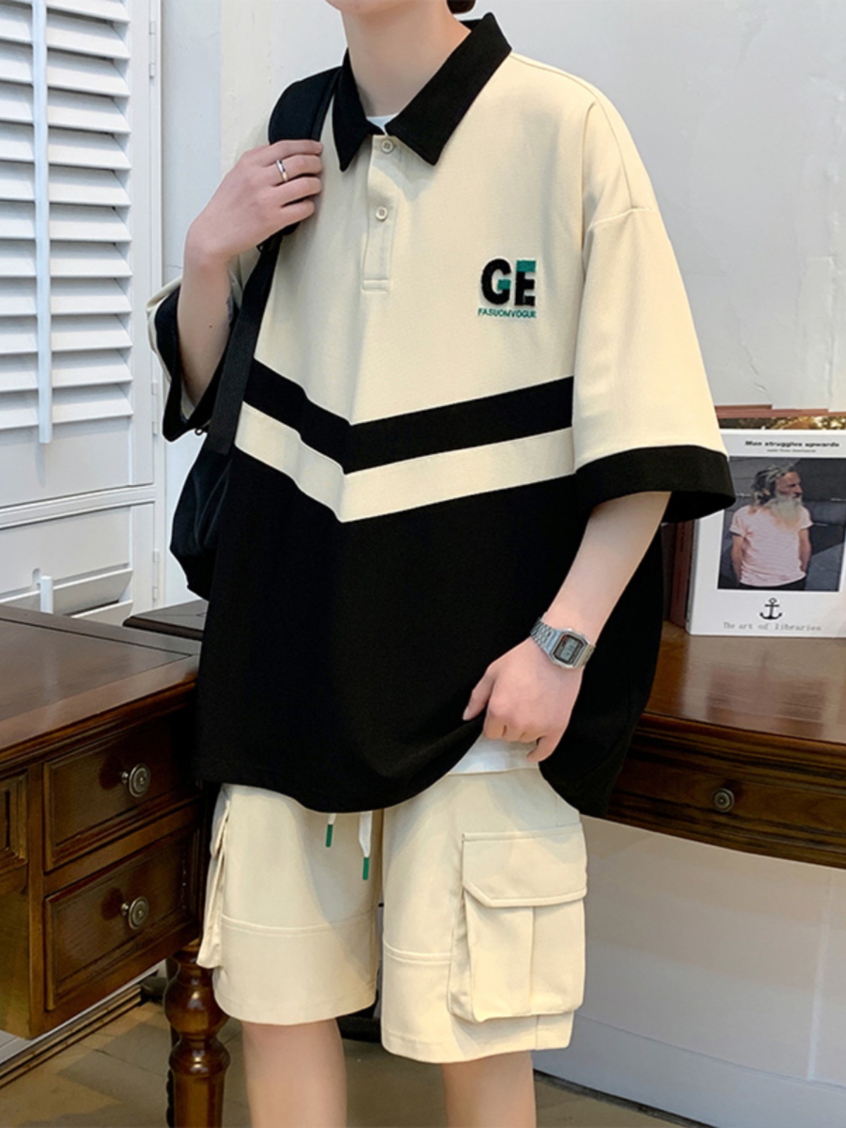运动套装男夏季潮牌时尚polo衫短袖休闲五分裤简约百搭宽松两件套