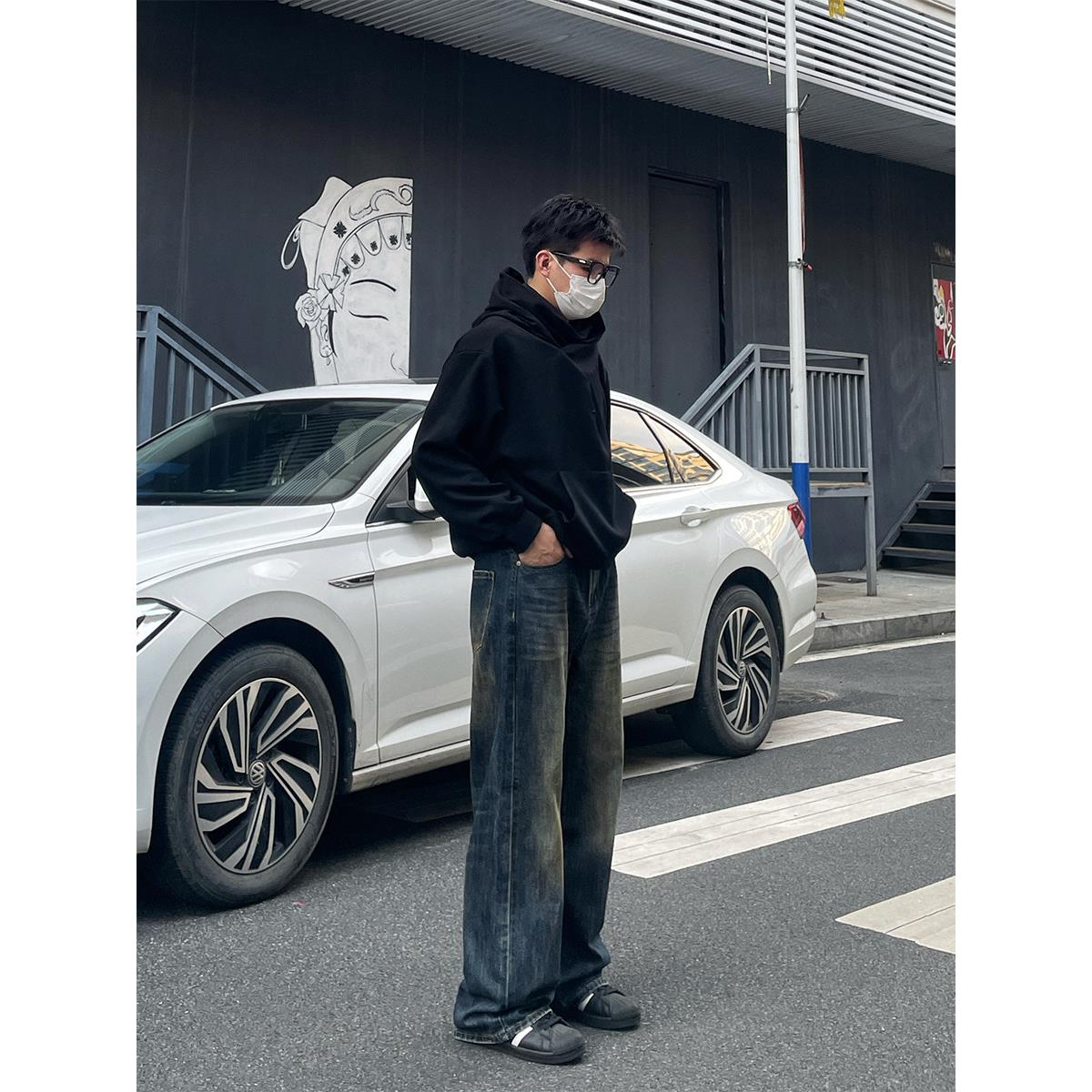 DAL 深蓝色阔腿直筒牛仔裤男2026年春季新款覆古水洗做旧锈迹裤子