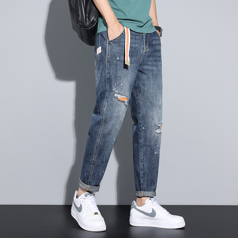 Kuvine春季破洞补丁泼墨牛仔裤男款春秋款美式复古宽松锥形长裤子