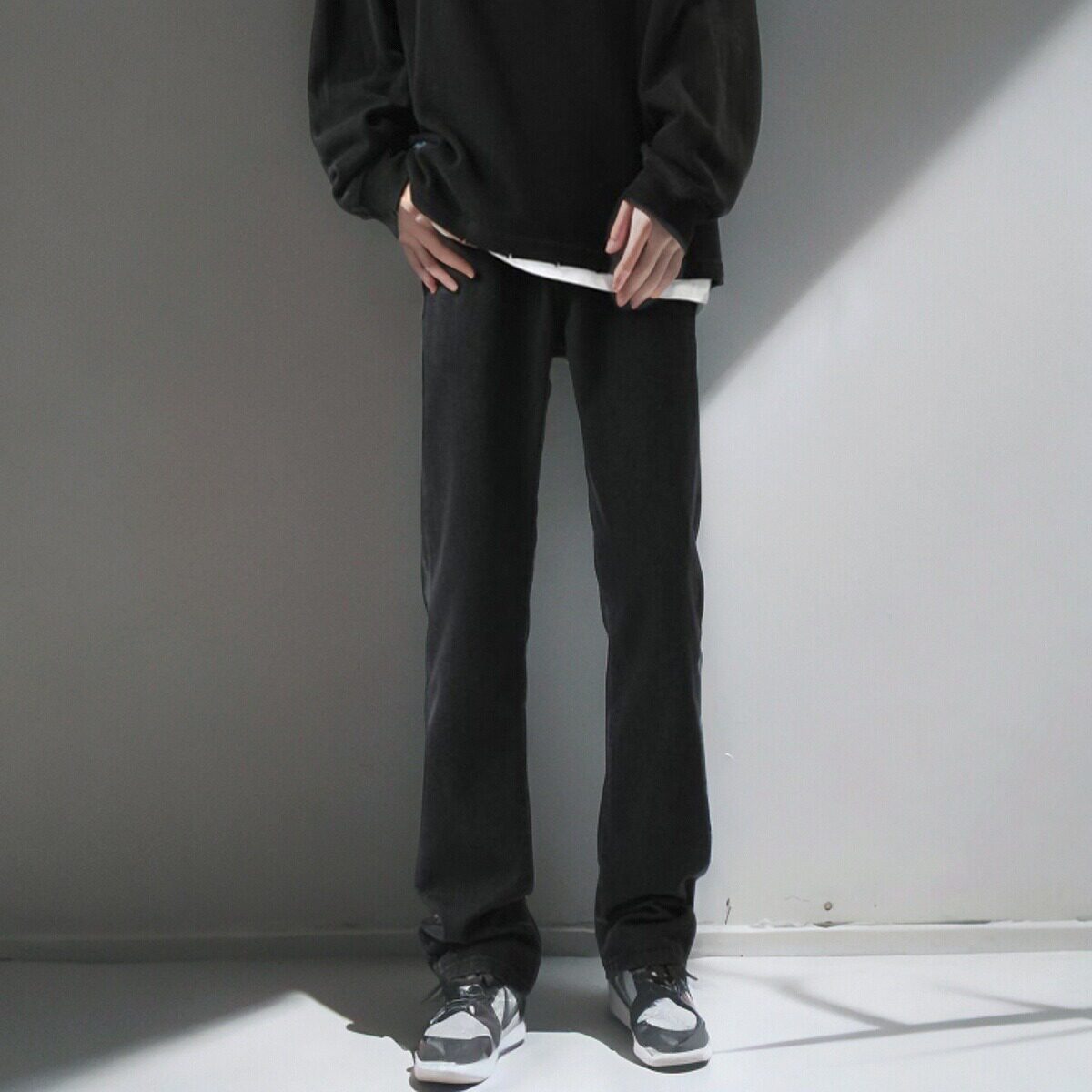 牛仔裤男vibe美式重磅黑色直筒裤子秋季潮牌微喇高街破洞休闲长裤