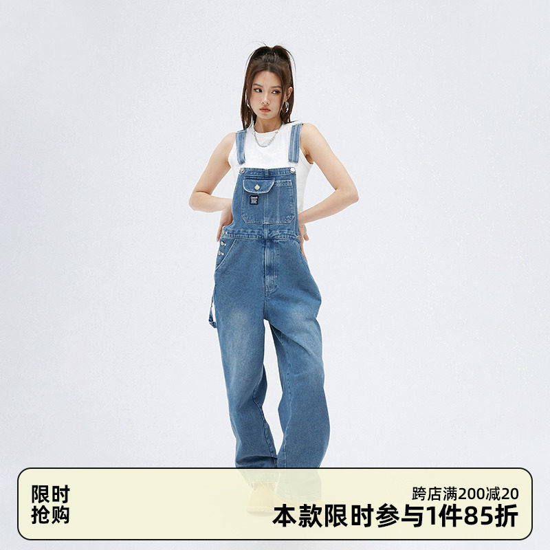 CLAMISGOLD国潮美式复古牛仔背带裤男女情侣潮流嘻哈直筒阔腿长裤