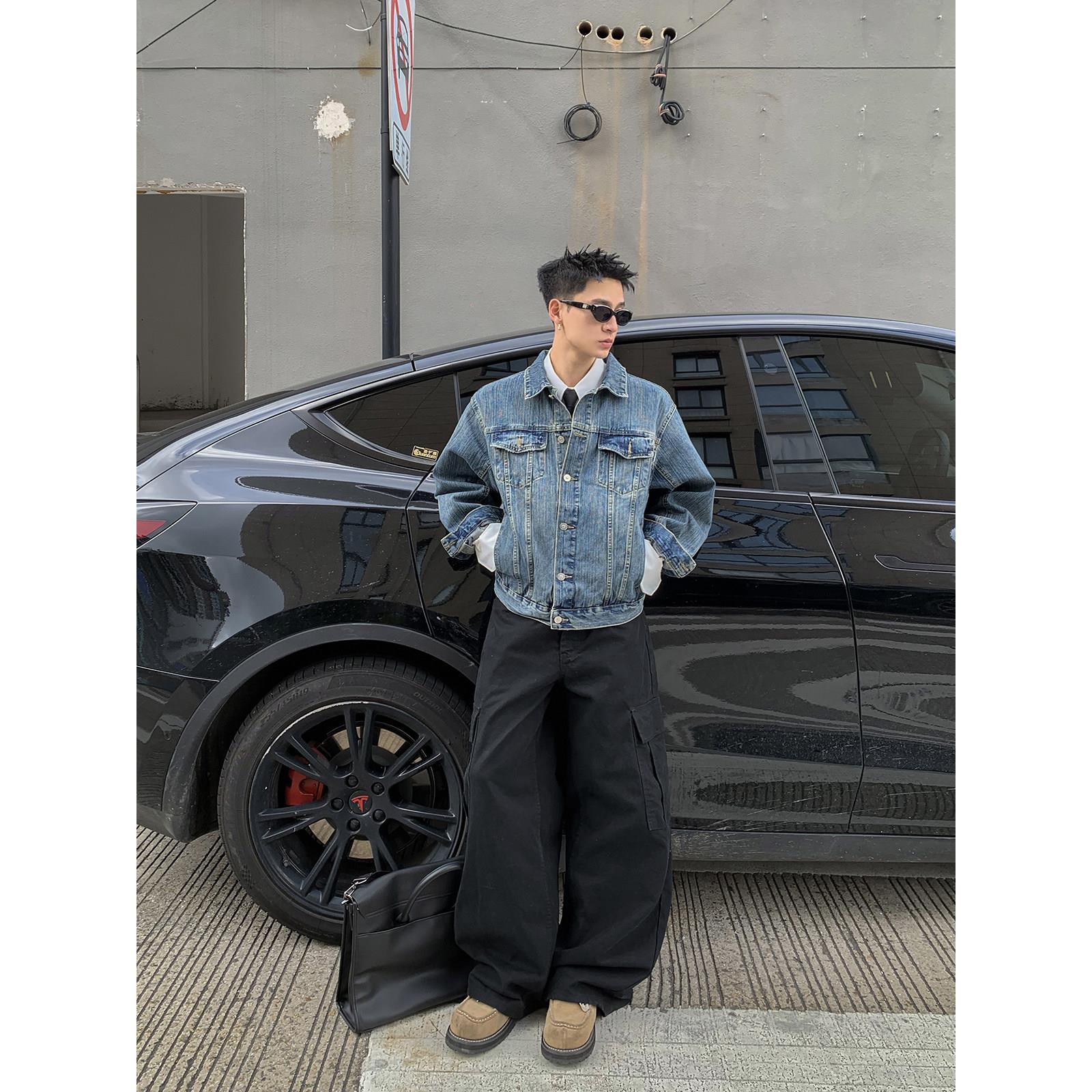 PLTH*韩系覆古短款牛仔外套男高级感百搭翻领cleanfit早秋上衣潮