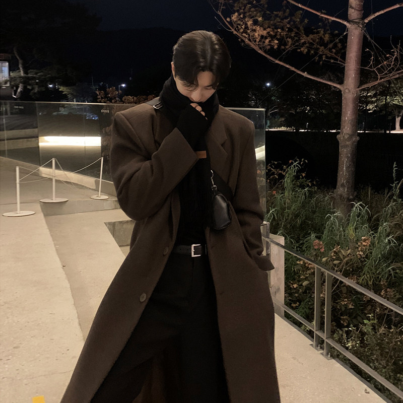 美拉德毛呢大衣男中长款过膝宽松韩版垫肩呢子风衣外套潮流秋冬季