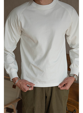 WR唔刃美式复古长绒棉300g重磅长袖T恤插肩宽松打底衫白色男春秋