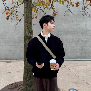 黑色翻领毛衣针织打底衫男春季2025新款休闲长袖宽松慵懒风套头