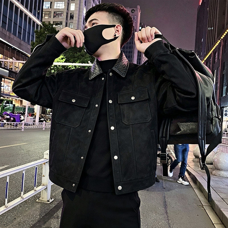拼接皮领夹克男士高级感美式