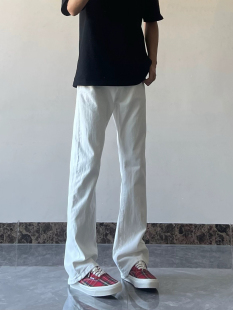 E24美式微喇白色牛仔裤潮牌显瘦高个子长裤男高街直筒修身裤子男