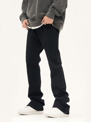 FLYOFF美式潮牌黑色微喇叭加绒加厚牛仔裤弹力显瘦cleanfit裤子男