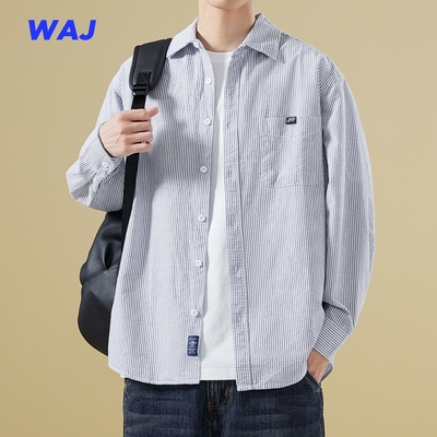 WAJ 2025春秋季纯棉浅蓝色竖条纹长袖衬衫男潮流宽松休闲痞帅衬衣