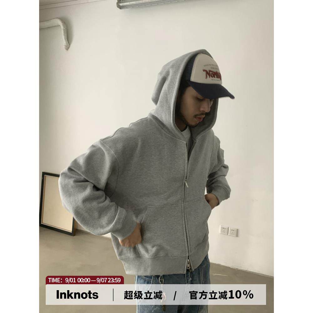 INKNOTS美式复古宽松clean fit重磅短宽拉链连帽卫衣男女潮牌外套