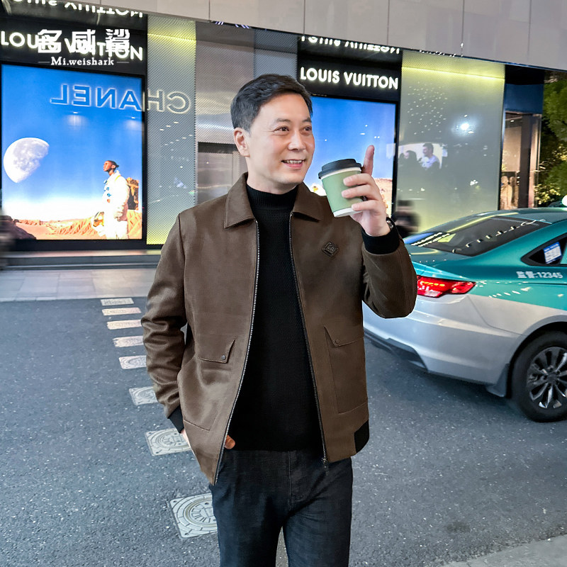 中年男装春秋季夹克翻领彷麂皮上衣工装外套中老年爸爸休闲茄克衫