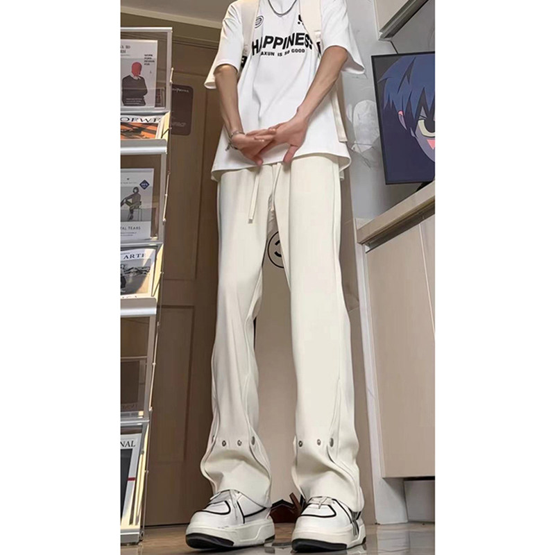 排扣休闲裤男潮牌微喇白色长裤子美式高街hiphop痞帅运动垂感卫裤