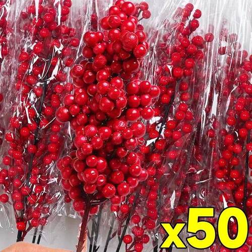 Christmas Red Berries Branch Fake Plants Flowers Artificial