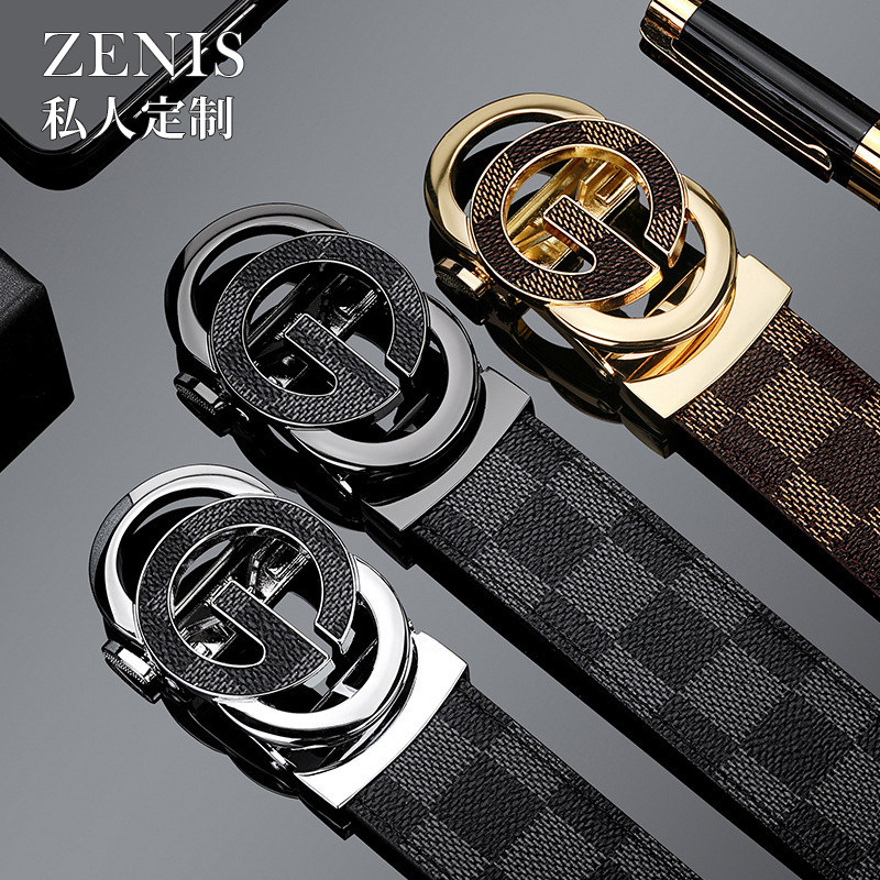 保罗男士皮带头层格子牛皮自动扣腰带真皮轻奢潮时尚商务裤带正品