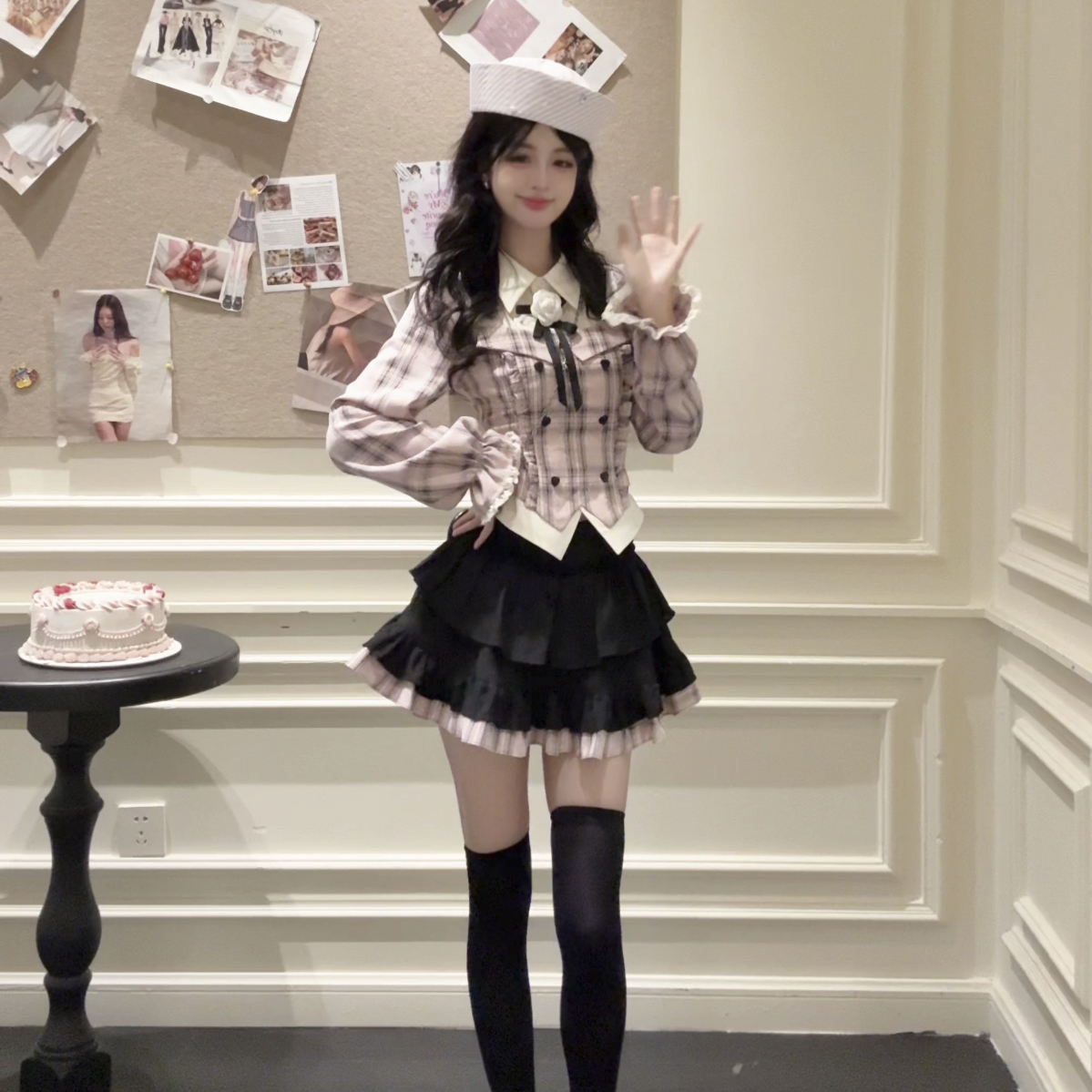 奥莉甜心韩系少女风甜美优雅粉色假两件制服黑粉蛋糕裙栗子团少女