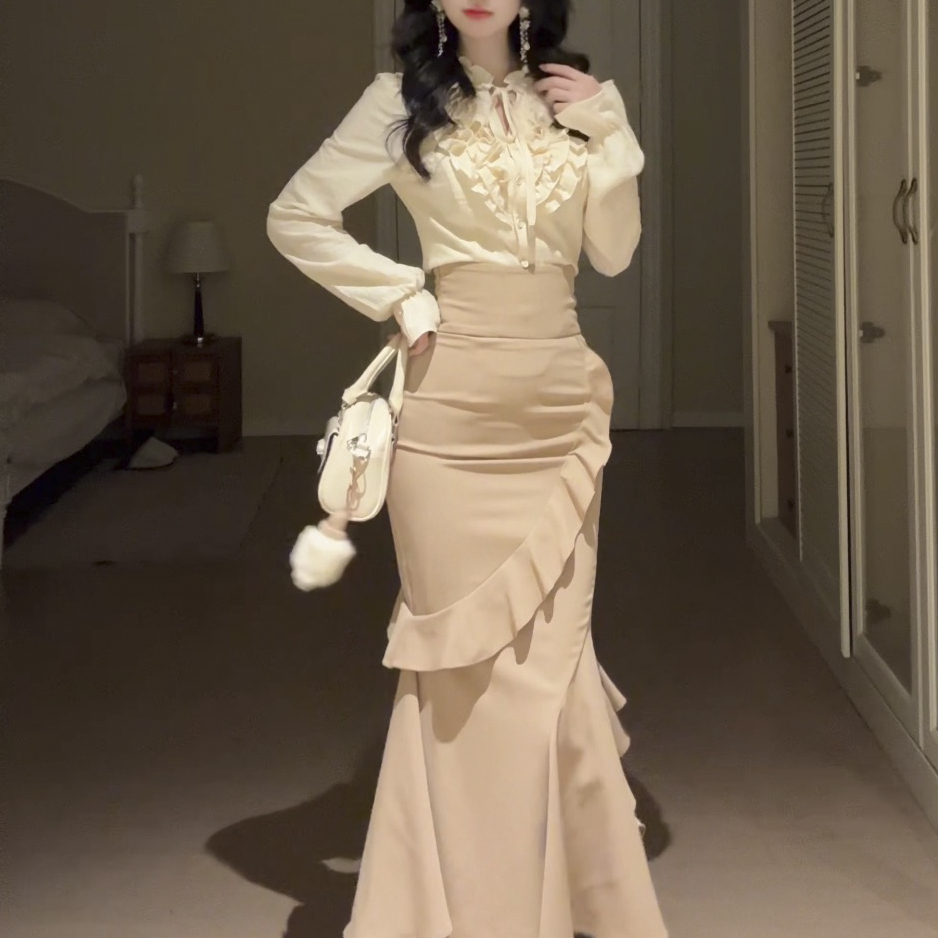 可可太妃糖早秋千金感蕾丝荷叶边纯欲法式衬衫鱼尾裙栗子团少女