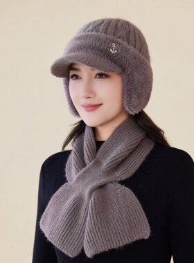 有帽檐骑车护耳毛线帽加绒防寒防风帽子女款冬季包头帽保暖针织帽