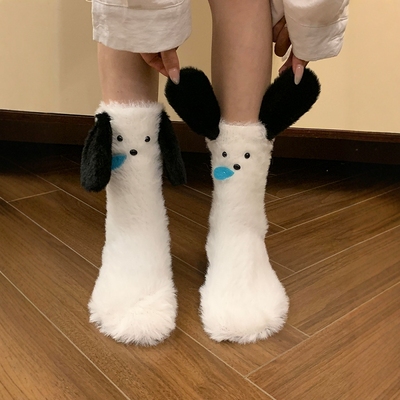 小狗地板袜女款珊瑚绒袜子加厚防滑可爱2025新款加绒秋冬月子袜