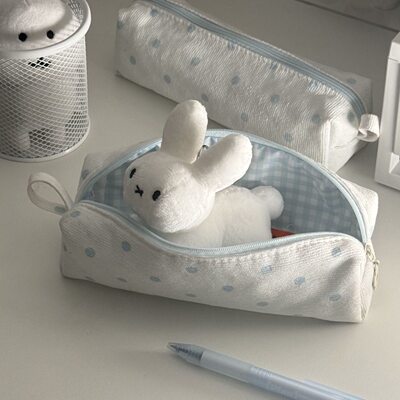 韩系ins风蓝白波点奶fufu笔袋女生高颜值铅笔盒文具袋手作化妆包