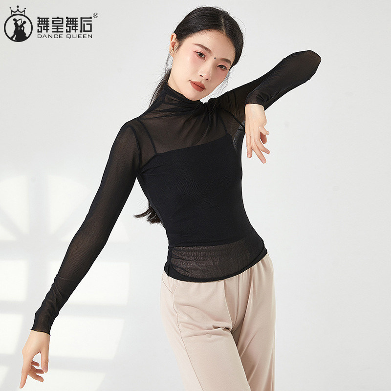 堆堆高领网纱舞蹈服女纯色纱衣