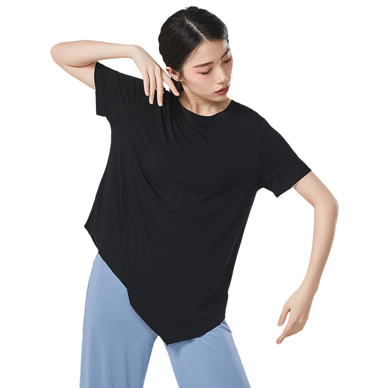 宽松短袖练功服女下摆斜角上衣