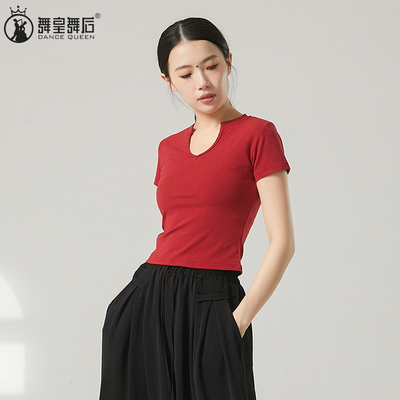 现代舞女上衣新款舞蹈服成人短袖v领修身正肩T恤设计感小众练功服