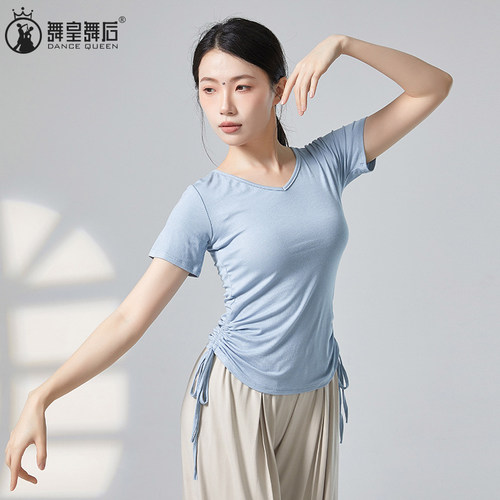 成人舞蹈练功服上衣夏季短袖t恤侧边系带现代舞服女瑜伽形体训练