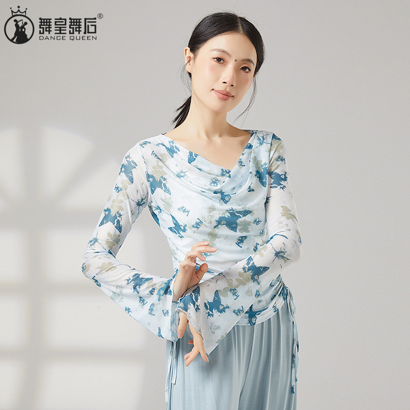 网纱舞蹈服两侧抽绳长袖荡领上衣
