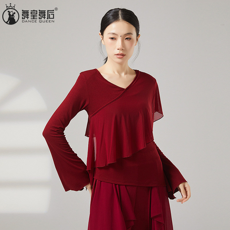舞蹈服新款拼接弹力网纱上衣纱衣