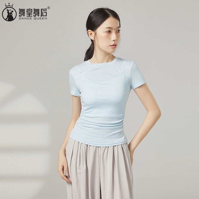 夏季现代舞薄款修身短袖t恤女纯欲风辣妹显瘦正肩褶皱舞蹈服上衣
