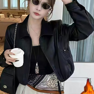 2025秋冬新款韩版时尚翻领短款夹棉秋衣外套女休闲PU皮夹克上衣