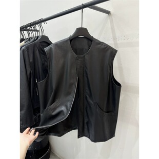 欧货复古圆领无袖 宽松外搭机车坎肩马夹 PU皮马甲外套女2026春新款