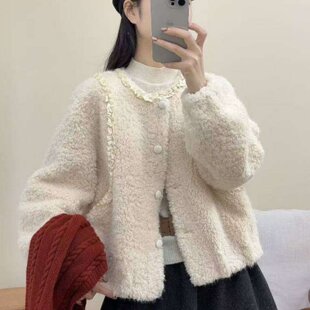 小香风短款毛毛外套女2026冬季新款设计感花边皮毛一体毛毛款外套