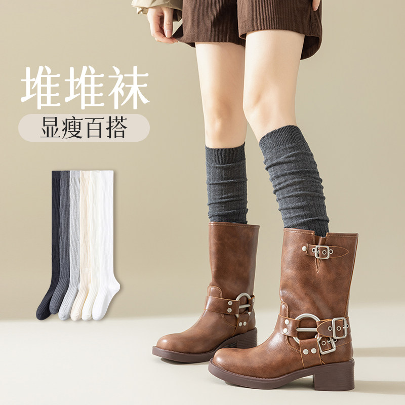 过膝袜子女长筒春秋款棉压力显瘦高腰黑色搭配靴子穿的堆堆袜图片