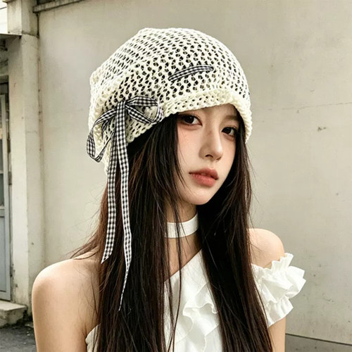 韩系ins风格纹蝴蝶结镂空包头帽