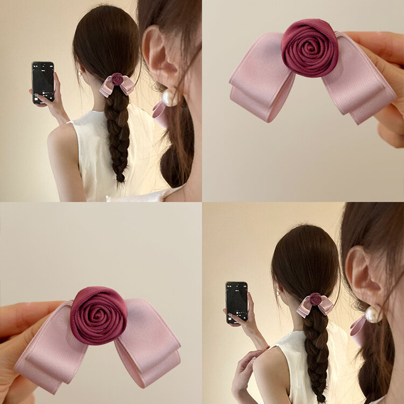 边夹甜美粉色玫瑰蝴蝶结发饰